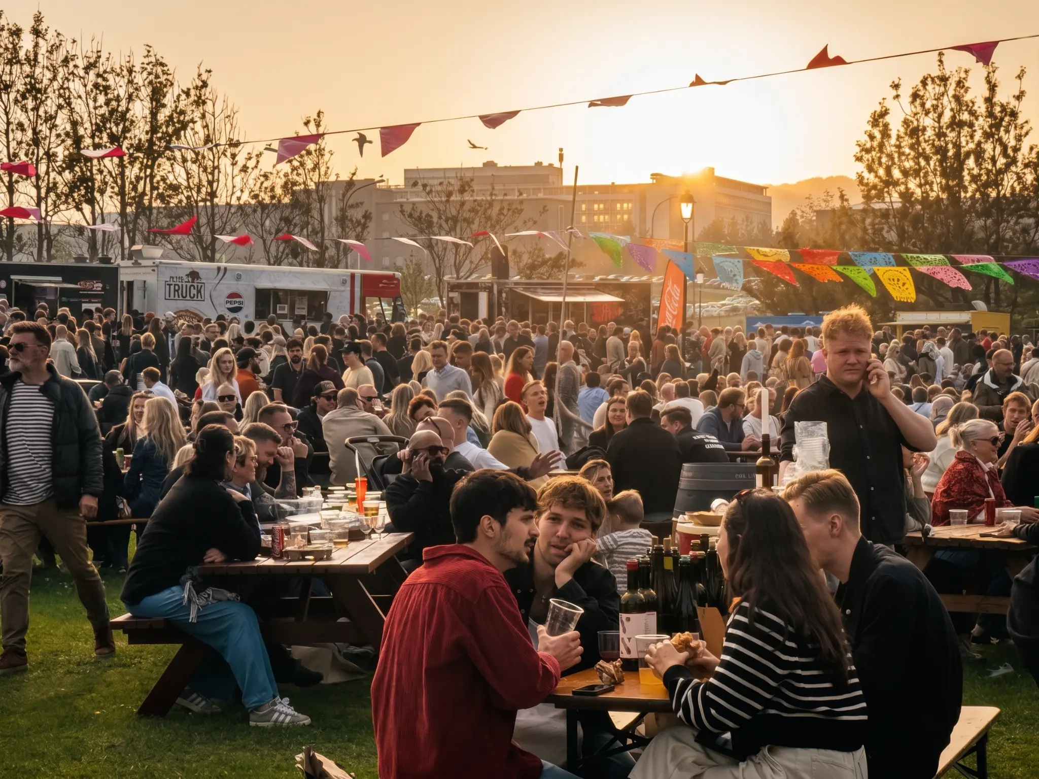 Food trucks at sunset