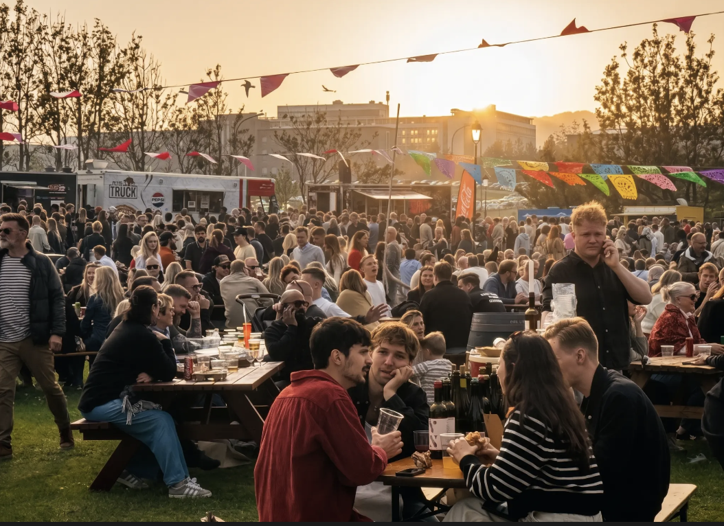 Götubitinn festival crowd at golden hour